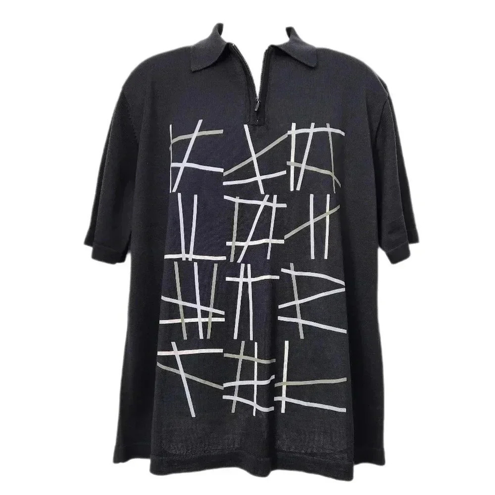 Vtg Tundra Canada 100% Silk Half Zip Sweater Black Geo Abstract, Men's Med - Picture 3 of 8